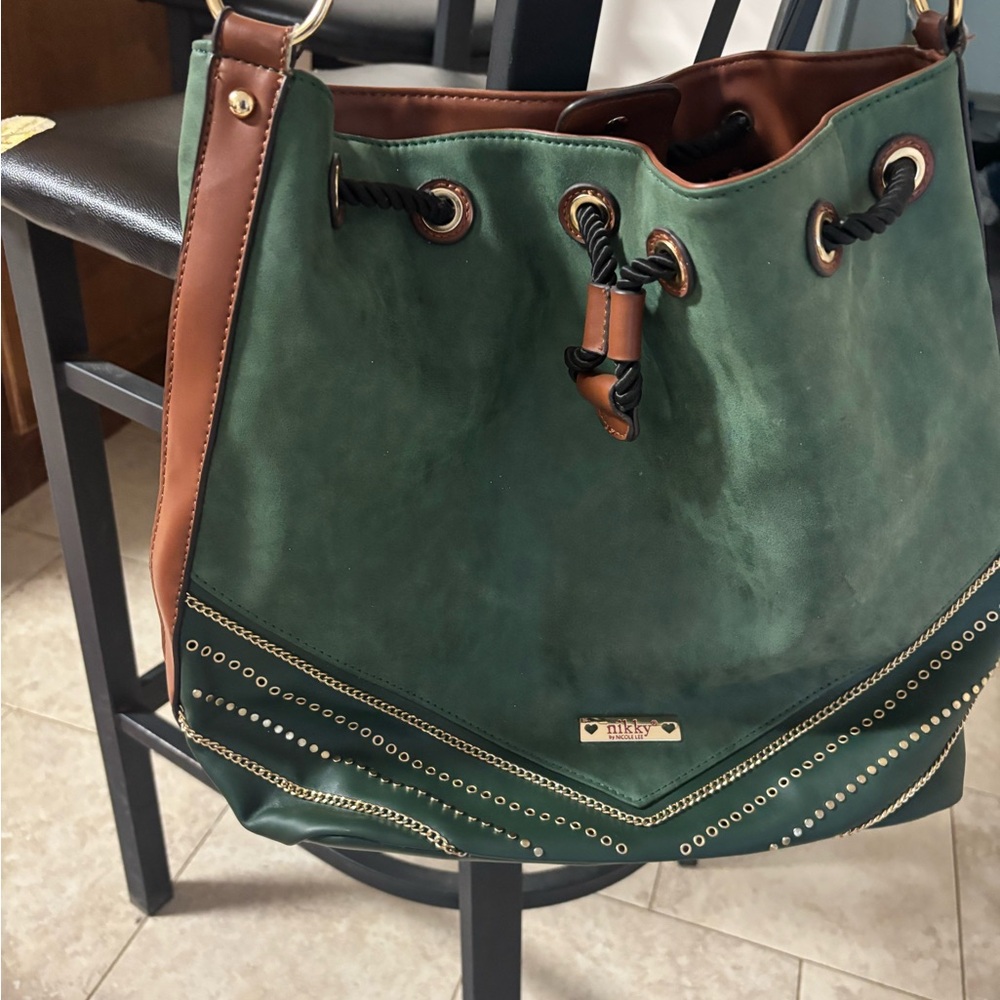 Green and Brown Hobo Bag with Leather Trim and Drawstring Closure